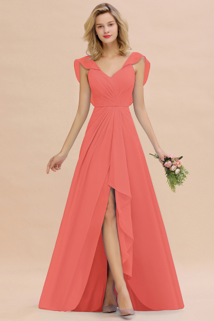 V-Neck A-line Bridesmaid Dress Chiffon Long Wedding Party Dress with Split