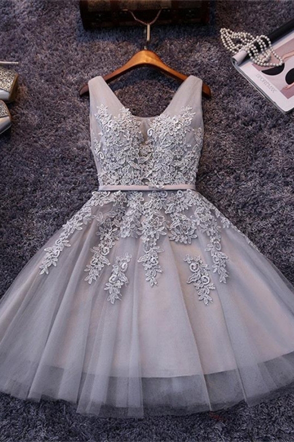 Beautiful Sleeveless lace-up Short homecoming Dress UK Lace Appliques Tulle BA3782