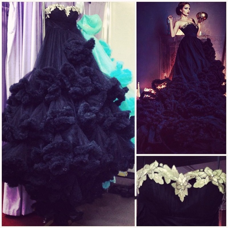 Luxury Appliques Ruffles Black Evening Dress UK Court Train Sleeveless