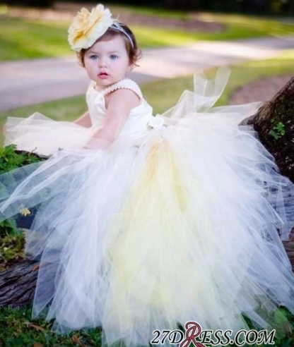 Sleeveless Scoop Tull Flower-Girl-Dresses Ball-Gown Pearls Pageant-Dress