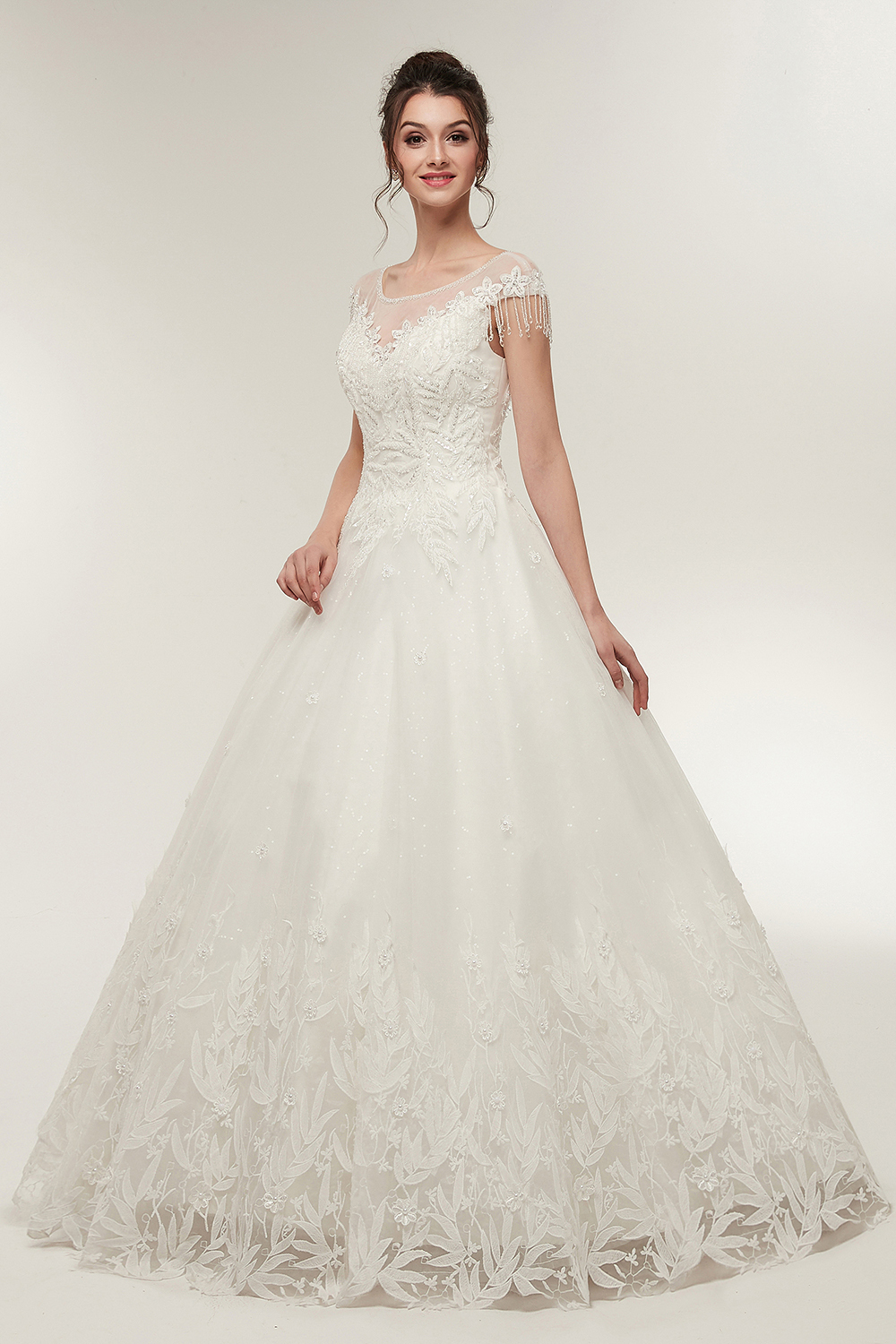 Cap Sleeves Scoop Tulle Lace Wedding Dress Aline Floor Length Crystals Bridal Dress