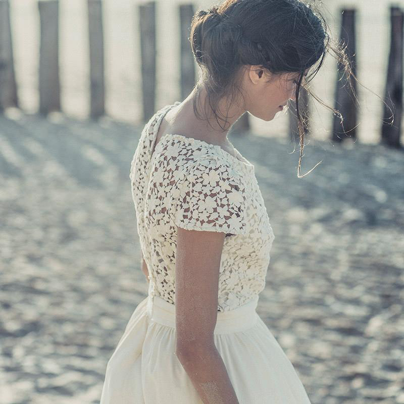 White Jewel Lace A-line Wedding Dress Cap Sleeve Tea Length Bridal Dress