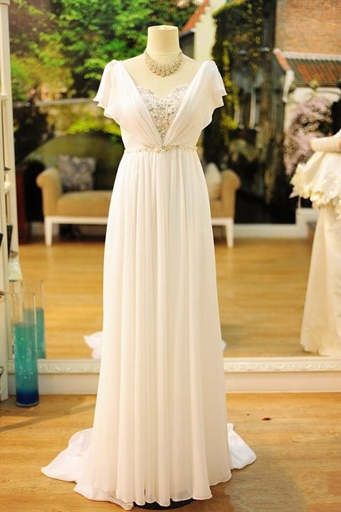 Sexy White Long Chiffon Beading Prom Gown Floor Length Evening Dress UK