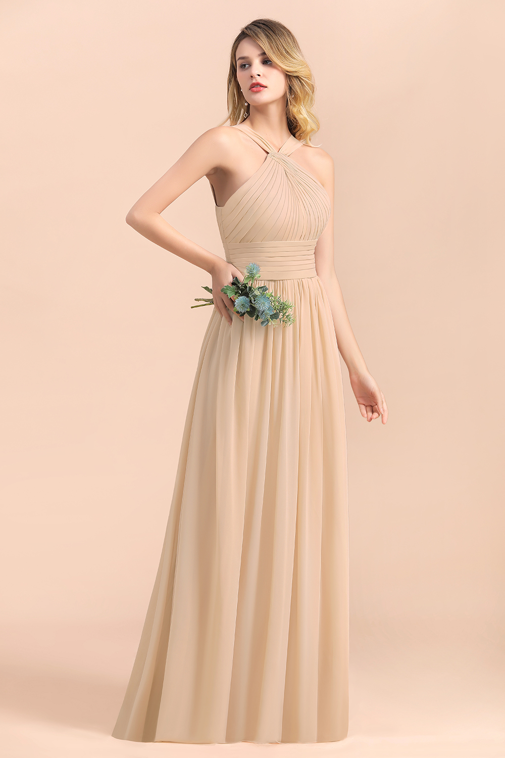 Gorgeous Halter Ruffle Chiffon Champagne Bridesmaid Dress Floor Length Wedding Party Dress