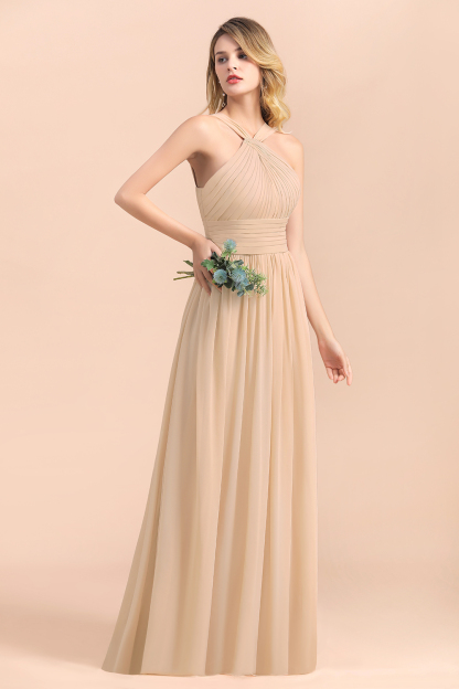 Gorgeous Halter Ruffle Chiffon Champagne Bridesmaid Dress Floor Length Wedding Party Dress