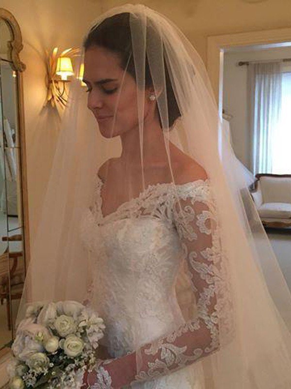 Off-the-Shoulder Court Train Sheath Lace Long Sleeves Wedding Dresses UK