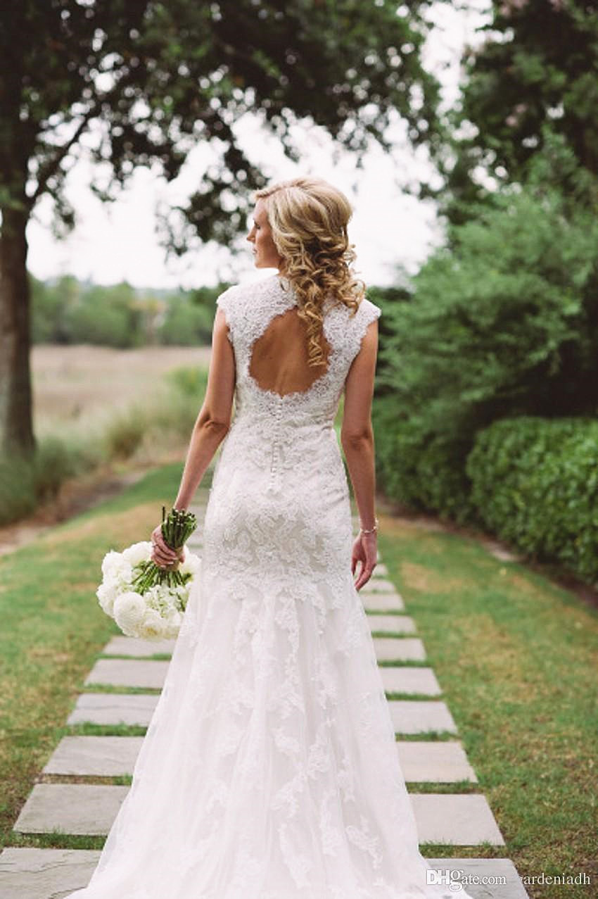 Elegant Lace Appliques Wedding Dress Button Zipper Back Straps BA4624