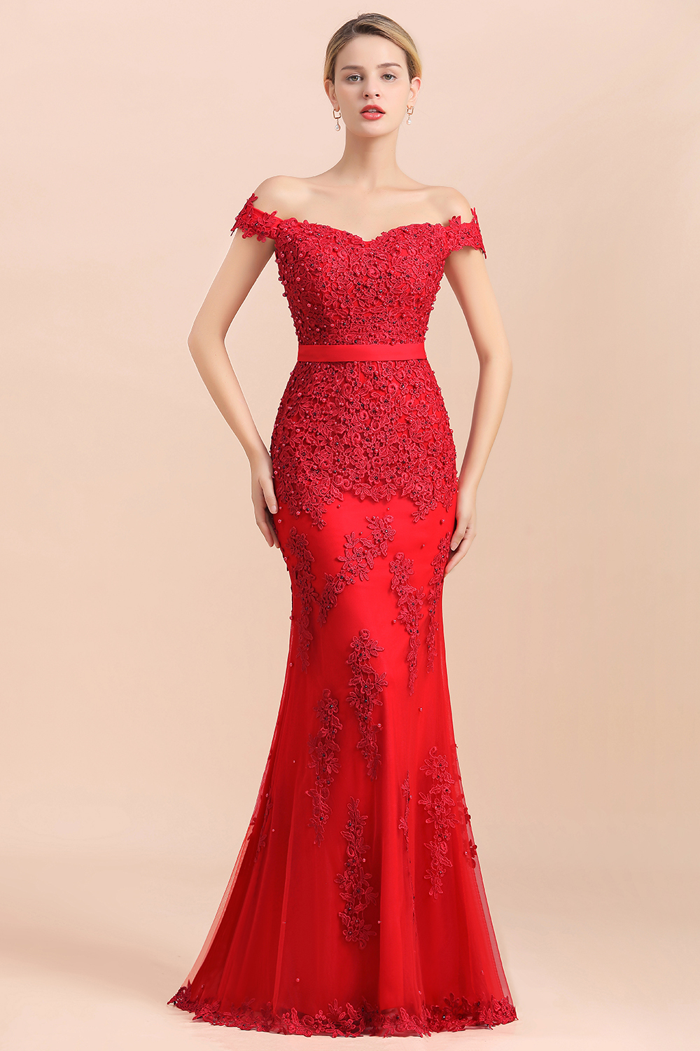 Gorgeous Red Off-the-Shoulder Lace Mermaid Bridesmaid Dress