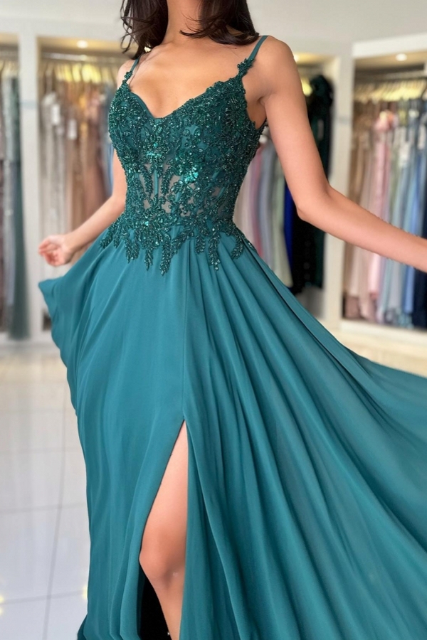 Elegant V-Neck Chiffon Aline Evening Dress Dark Green Side Slit Formal Dress with Straps