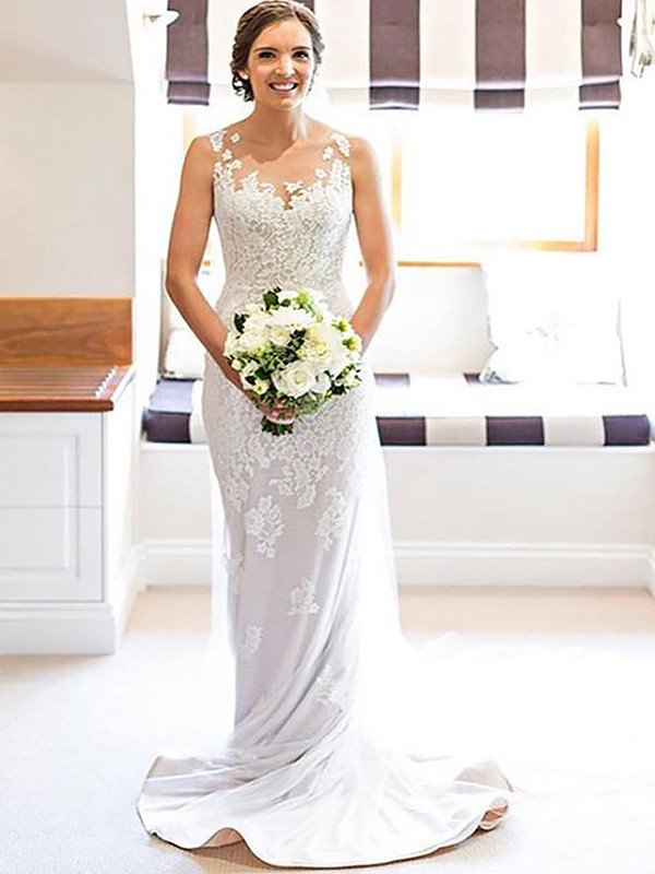 Sleeveless Sheath Scoop Neckline Lace Court Train Applique Wedding Dresses UK