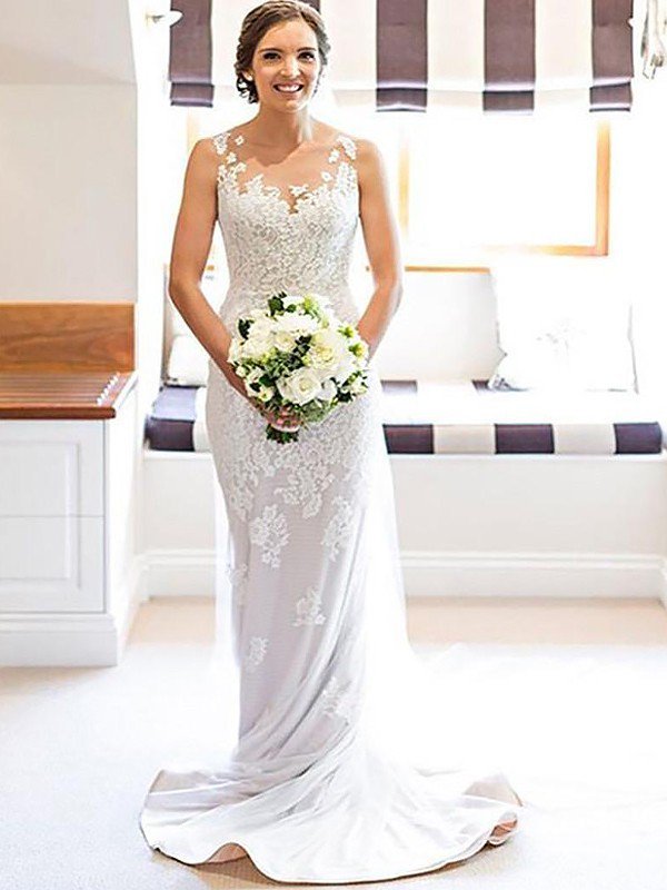 Sleeveless Sheath Scoop Neckline Lace Court Train Applique Wedding Dresses UK