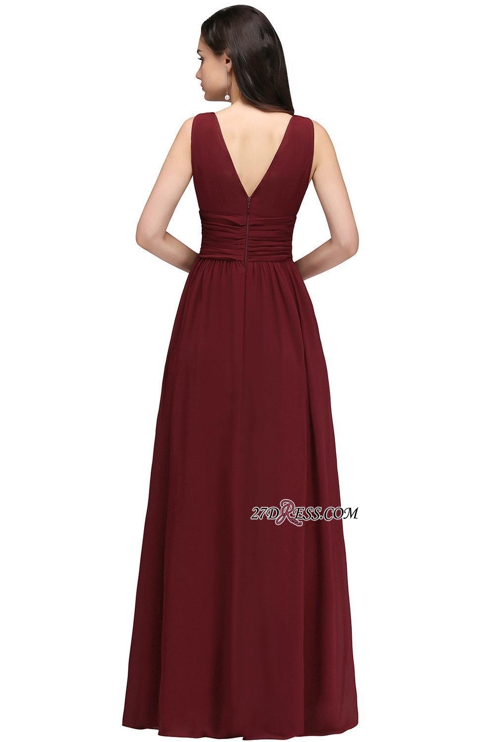 V-Neck Ruched Chiffon A-line Burgundy Evening Dress UKes UK