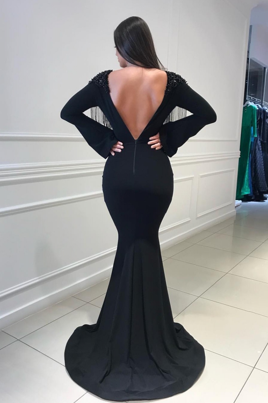 Long Sleeves Elegant Mermaid Deep Alluring V-Neck Tassel Beading Open Back Prom Dress UK UKes UK