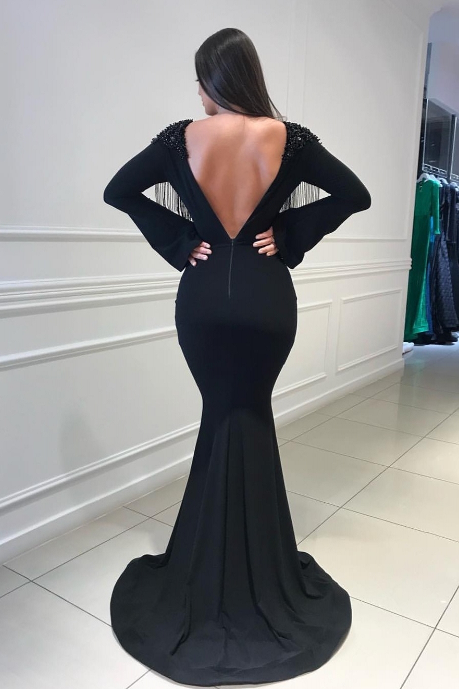 Long Sleeves Elegant Mermaid Deep Alluring V-Neck Tassel Beading Open Back Prom Dress UK UKes UK