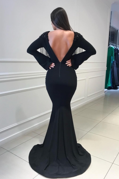 Long Sleeves Elegant Mermaid Deep Alluring V-Neck Tassel Beading Open Back Prom Dress UK UKes UK