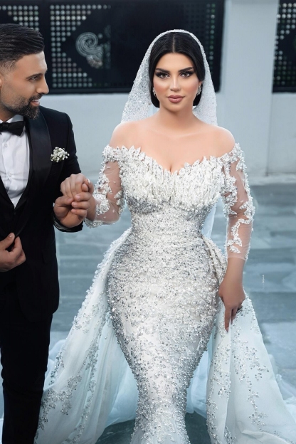 Appliques Lace Sequins Mermaid Wedding Dresses Long Sleeve