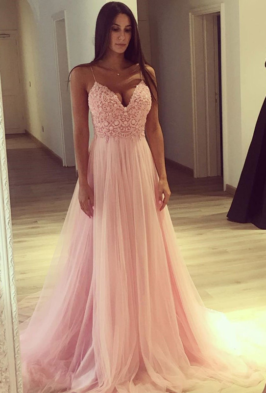 Spaghetti Strap V-Neck Pink Prom Dress UK Long Tulle Party Gowns BA7939-27Dress.co.uk