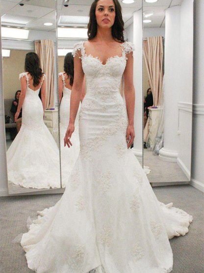 Sexy Mermaid Short Sleeves Applique Lace Sweetheart Wedding Dresses UK