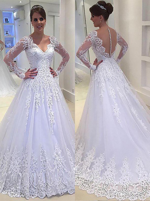 Court Train Long Sleeves A-Line Applique Tulle V-Neck Wedding Dresses UK