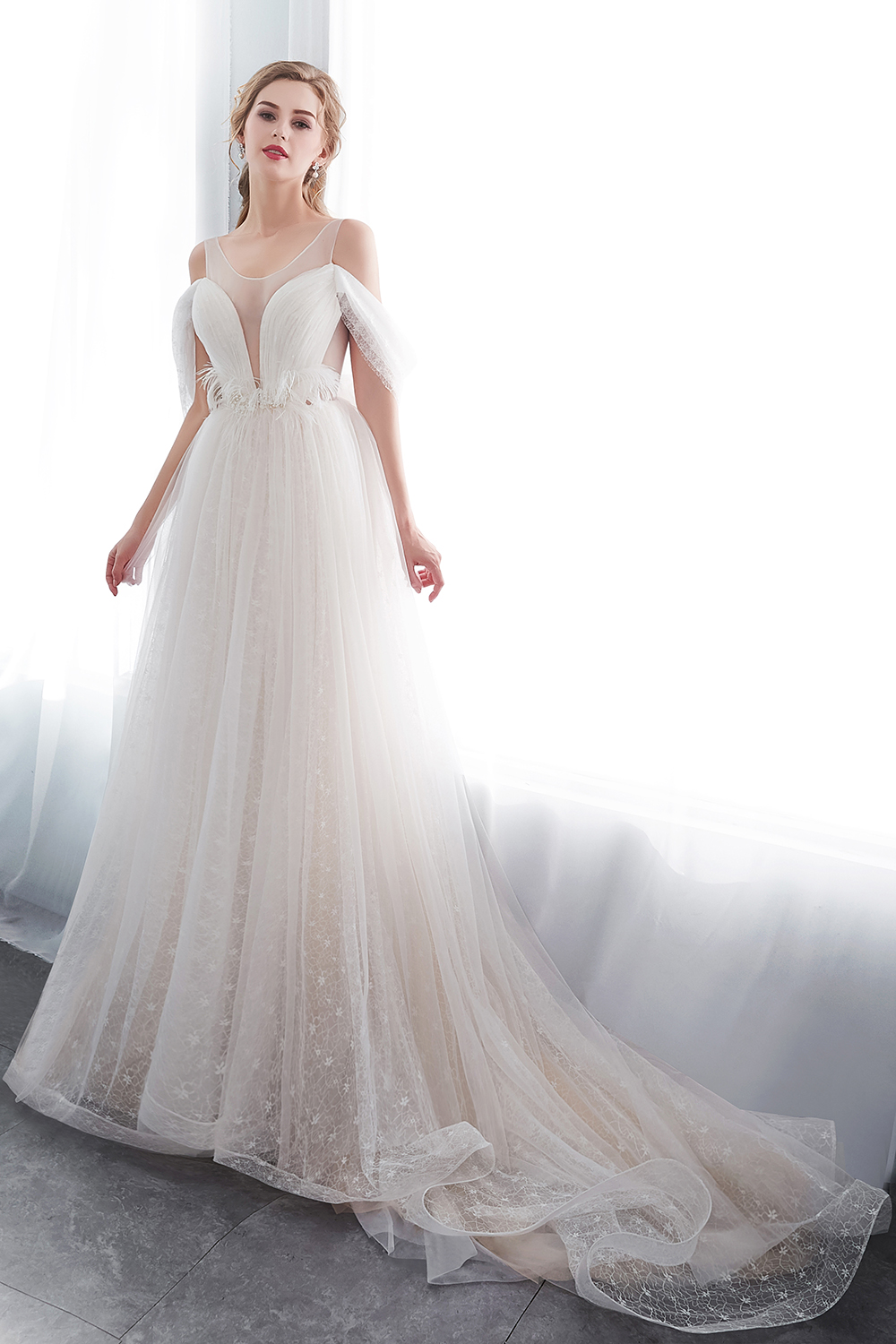 NANCY | A-line Sleeveless Floor Length Lace Ivory Wedding Dresses UK