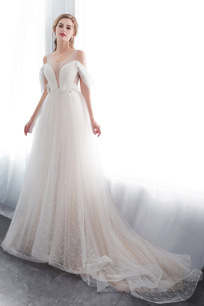 NANCY | A-line Sleeveless Floor Length Lace Ivory Wedding Dresses UK