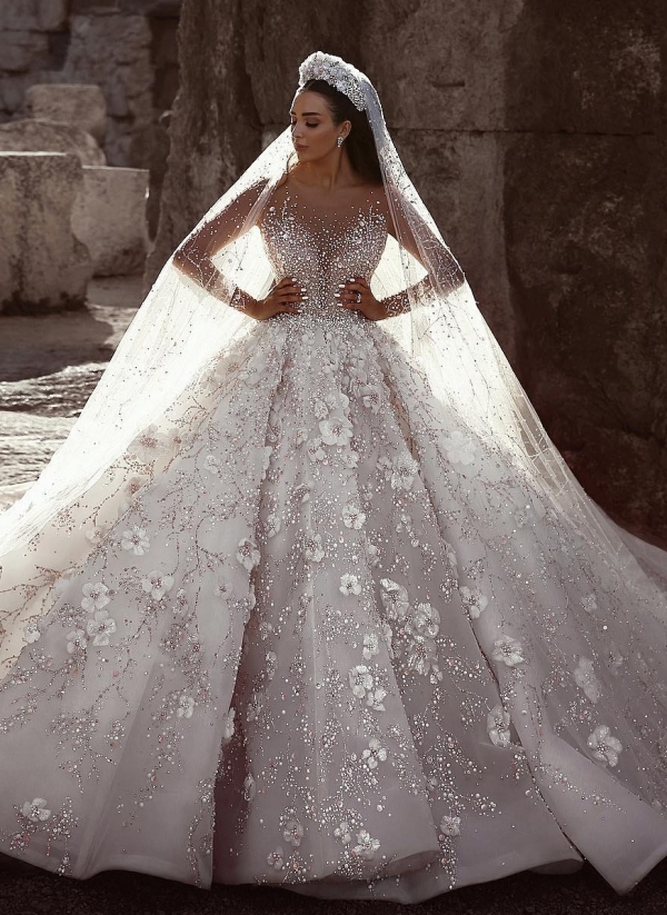 Glamorous Beads Floral Bridal Gowns Sheer Neck Long Sleeves Ball Gown Wedding Dresses UK