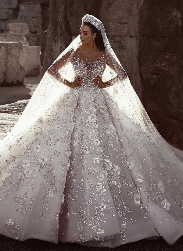 Glamorous Beads Floral Bridal Gowns Sheer Neck Long Sleeves Ball Gown Wedding Dresses UK
