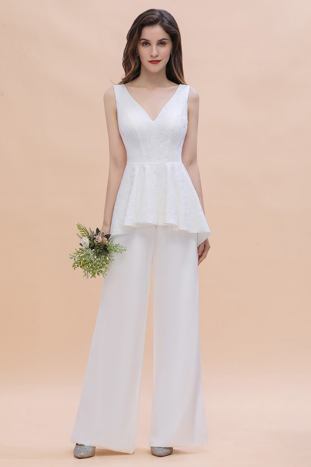 Simple V-neck Lace Bridesmaid Wear Jumpsuit with Side Slit