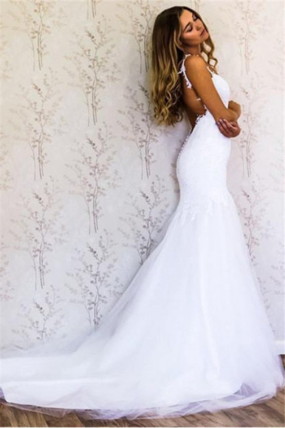 Appliques Straps Wedding Dresses UK | Backless Longsleeves Floral Bridal Gowns