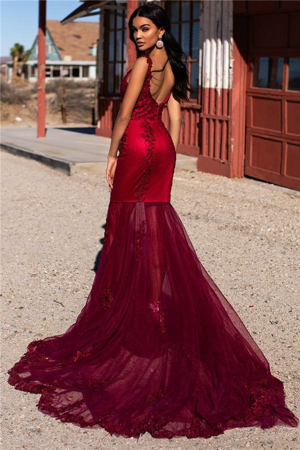 Burgundy Evening Gowns Cheap | Straps Appliques Tulle Mermaid Prom Dresses UK