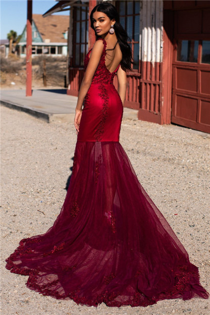 Burgundy Evening Gowns Cheap | Straps Appliques Tulle Mermaid Prom Dresses UK
