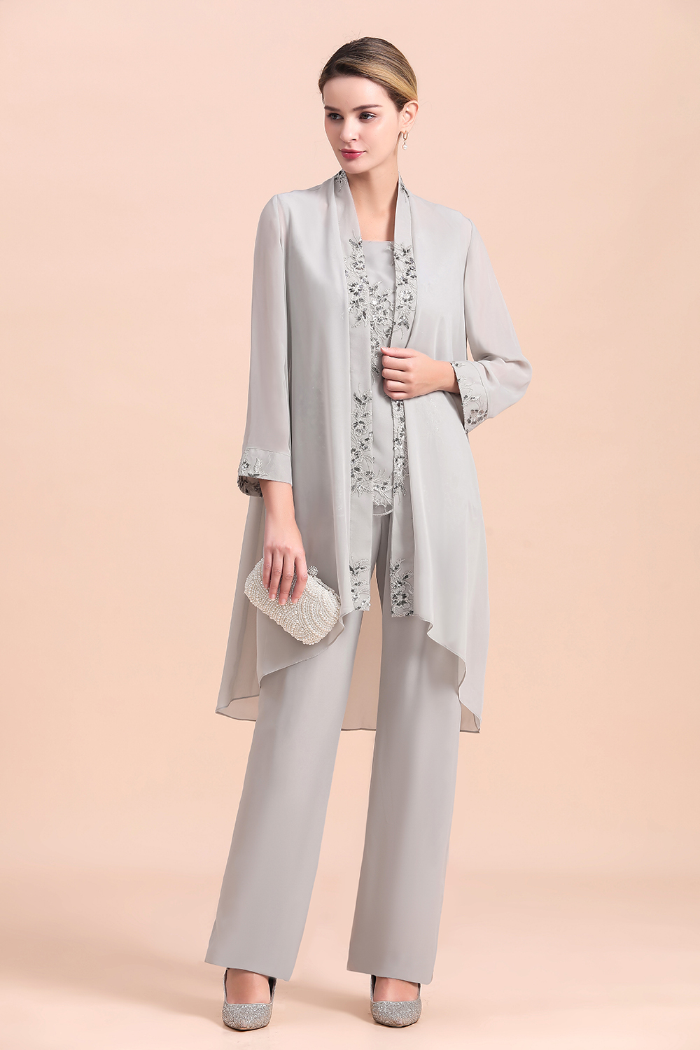 Elegant Sleeveless Appliques Silver Chiffon Mother of Bride 3 Piece Jumpsuit with Wrap