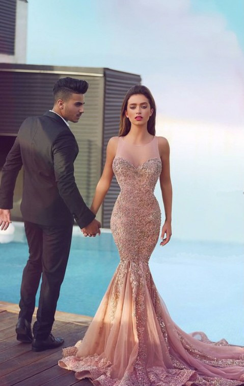 Luxurious Sleeveless Sequins Mermaid Evening Dress UK Tulle Lace Appliques MH100