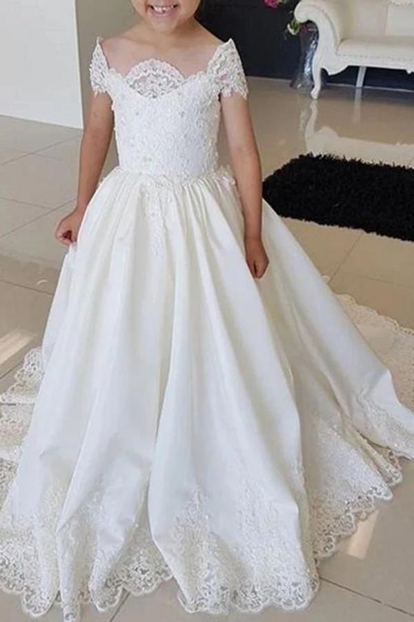 Lovely Cap Sleeves White Lace Flower Girl Dress Wedding Party Dress for Kids