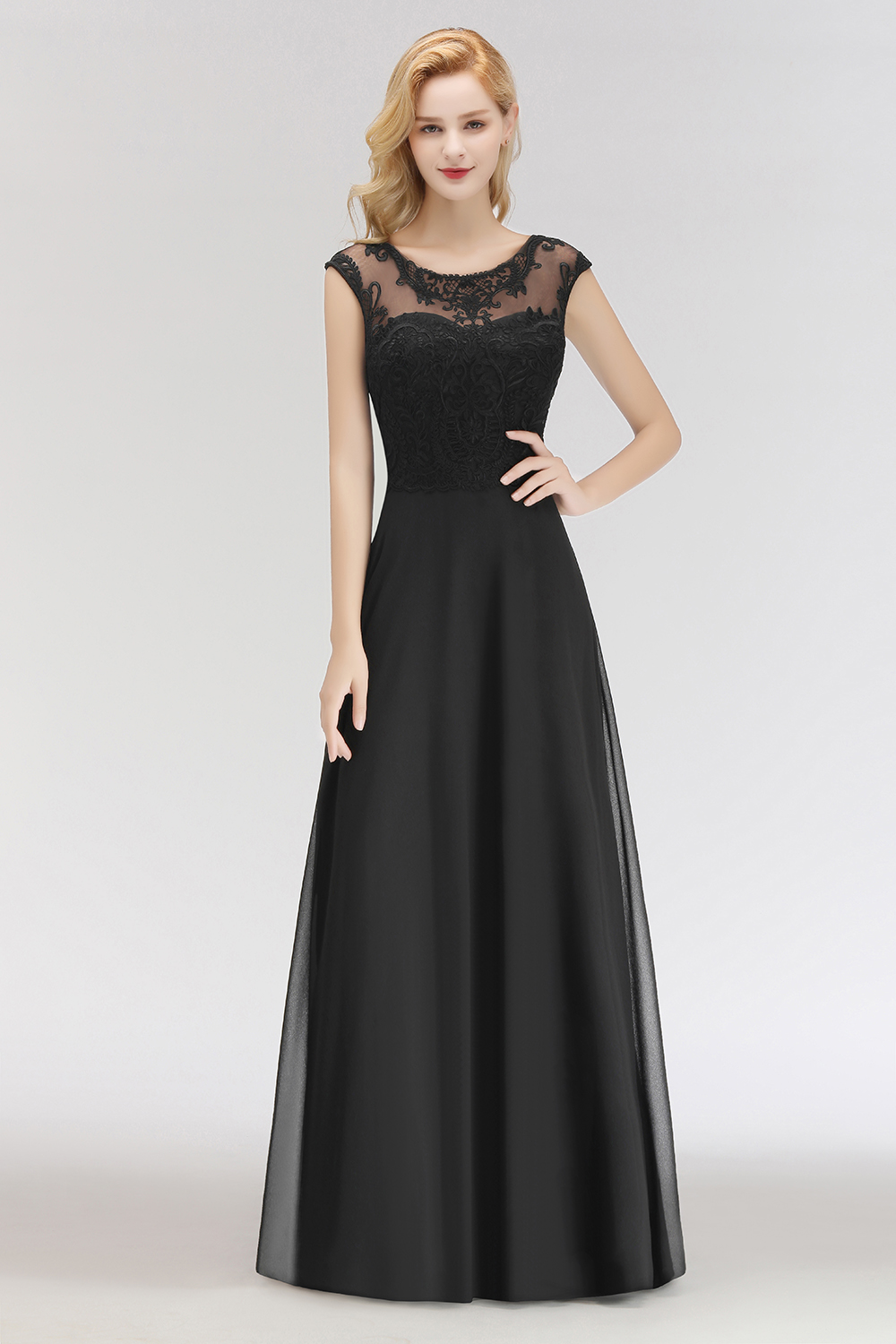 Elegant Sleeveless Black Chiffon Lace Bridesmaid Dress Simple Evening Dress