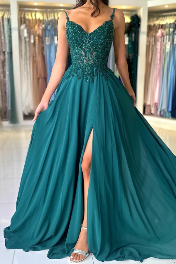 Elegant V-Neck Chiffon Aline Evening Dress Dark Green Side Slit Formal Dress with Straps