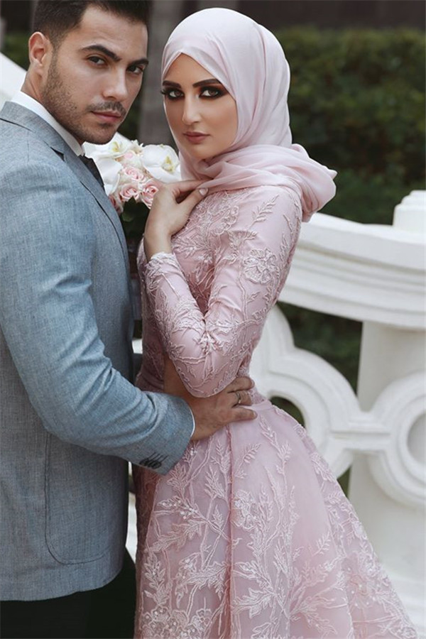 Sweet Pink Detachable Long-Sleeves Prom Dress UKes UK UK | Sexy Lace Appliques Lace Elegant Trumpt Evening Dress UKes UK