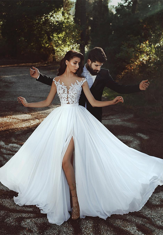 Cap-Sleeve Lace Wedding Dress | Bridal Gowns With Slit BA8543