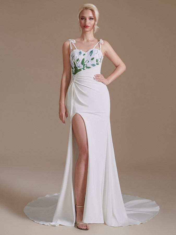 Spaghetti Straps Side Slit Wedding Dress with Leaves-27Dress.co.uk