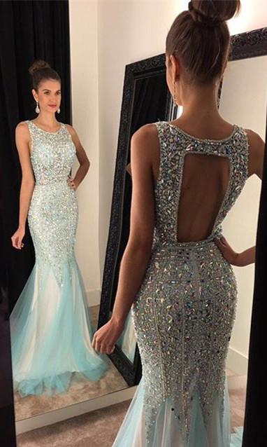 Luxury Crystals Mermaid Jewel Prom Dress UK Sleeveless Sweep Train AP0 BA7309