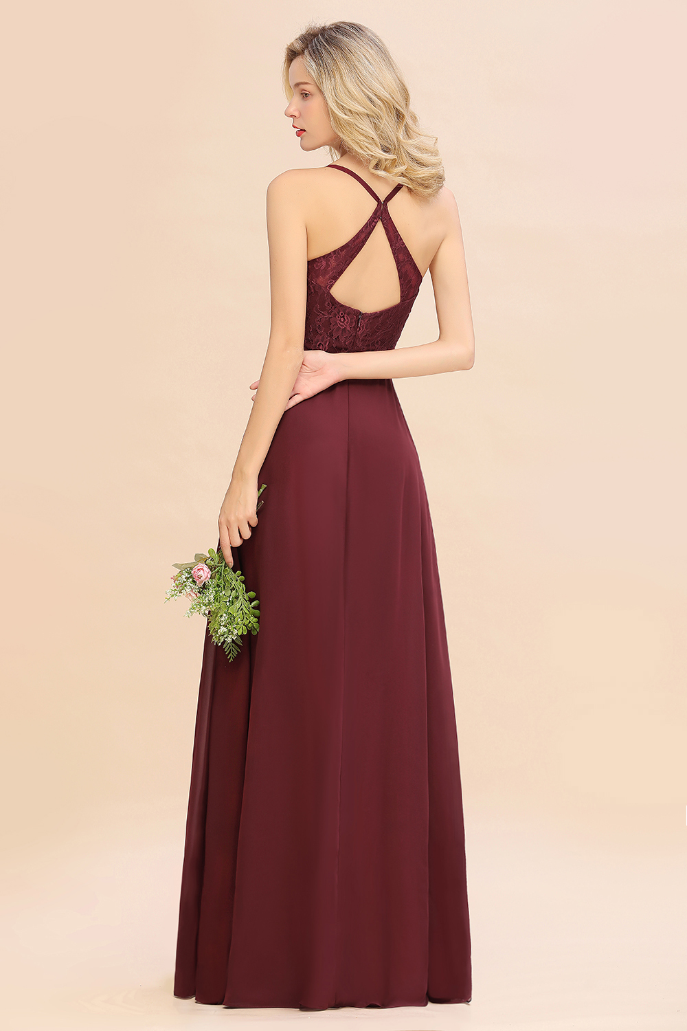 Exquisite Burgindy V-Neck Lace Side Split Long Bridesmaid Dresses