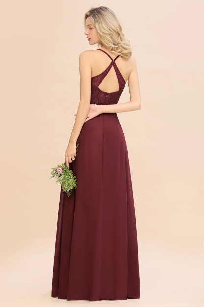 Exquisite Burgindy V-Neck Lace Side Split Long Bridesmaid Dresses