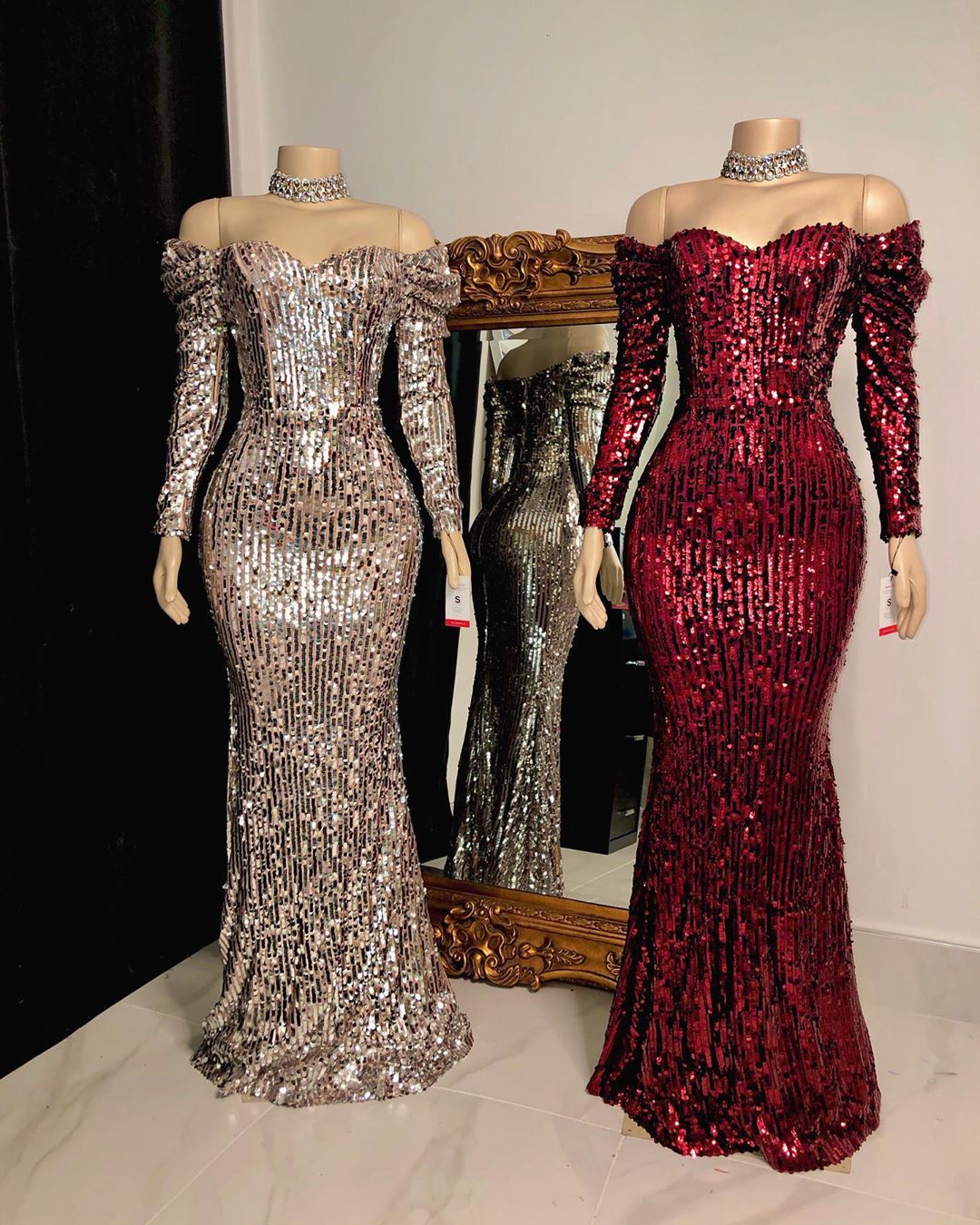 Sweetheart Off-the-shoulder Long Sleeves Sequins Mermaid Prom Dresses