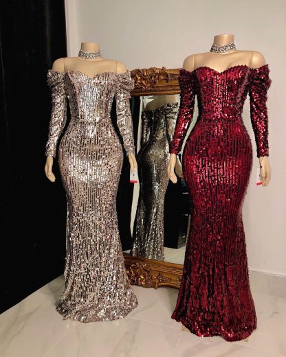 Sweetheart Off-the-shoulder Long Sleeves Sequins Mermaid Prom Dresses