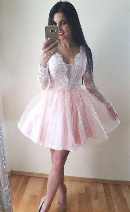 Long Sleeve Puffy Tulle Lace Formal Dresses | V-Neck Short Evening Dress UK