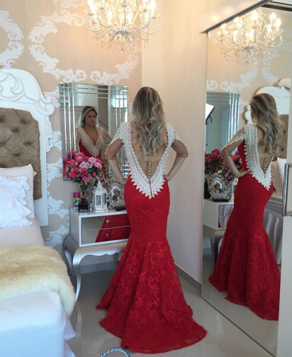 Modern V-neck Lace Mermaid Prom Dress UK Half Sleeve Zipper NB089