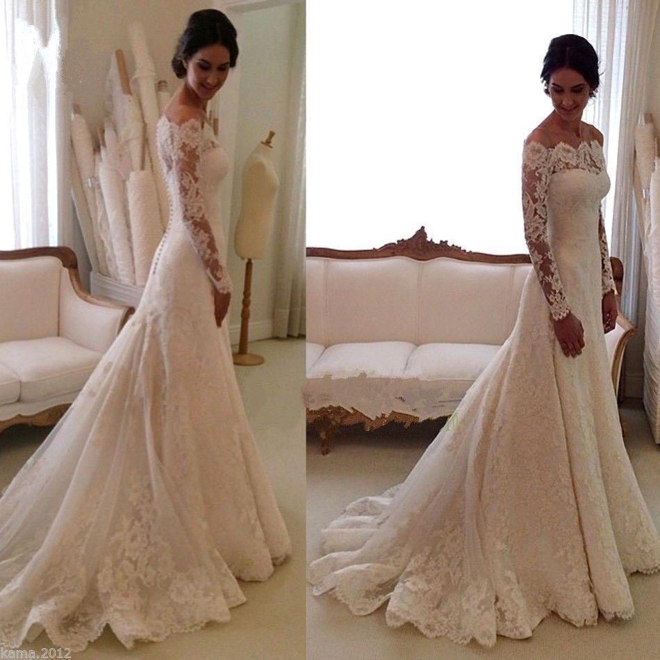 Elegant Long Sleeve Lace Wedding Dress With Long Train And Lace Appliques