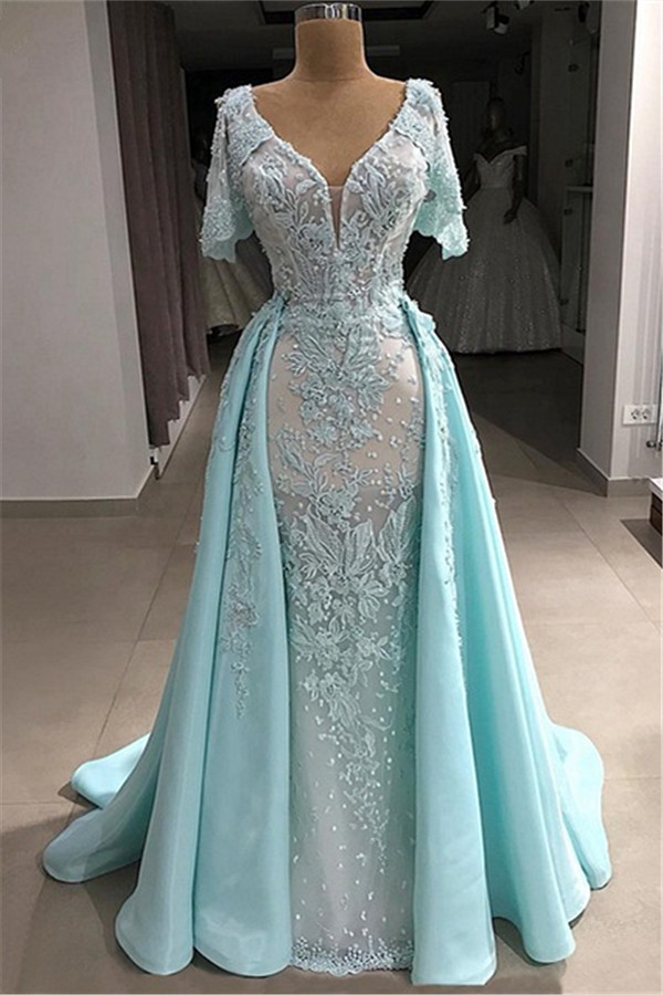 Tulle V-Neck Short Sleeve Prom Dress with Appliques | Evening Dress with Pearls