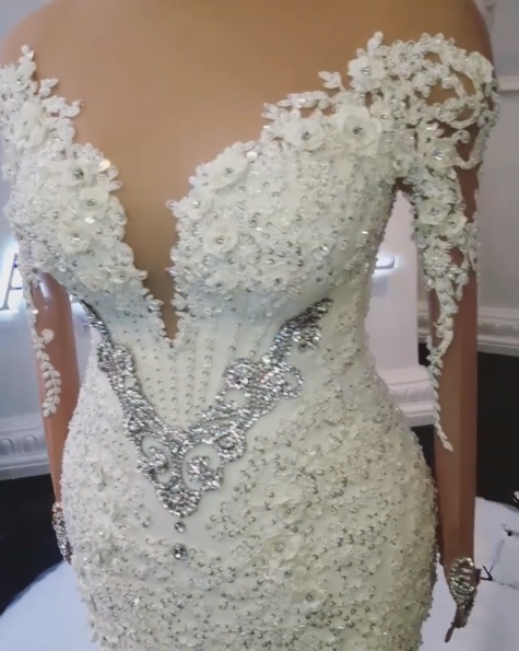 Crystals Long Sleeves Wedding Dresses UK Off-the-Shoulder Sexy Mermaid Bridal Gowns
