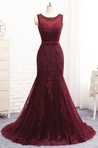 Sexy Scoop Sleeveless Tulle Elegant Mermaid Appliques Sequins Zipper Prom Dress UKes UK UK-27Dress.co.uk